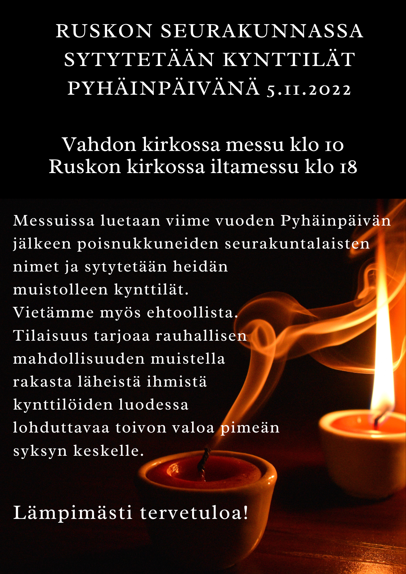 kuva kynttilöistä ja tekstimuotoinen mainos tapahtumasta