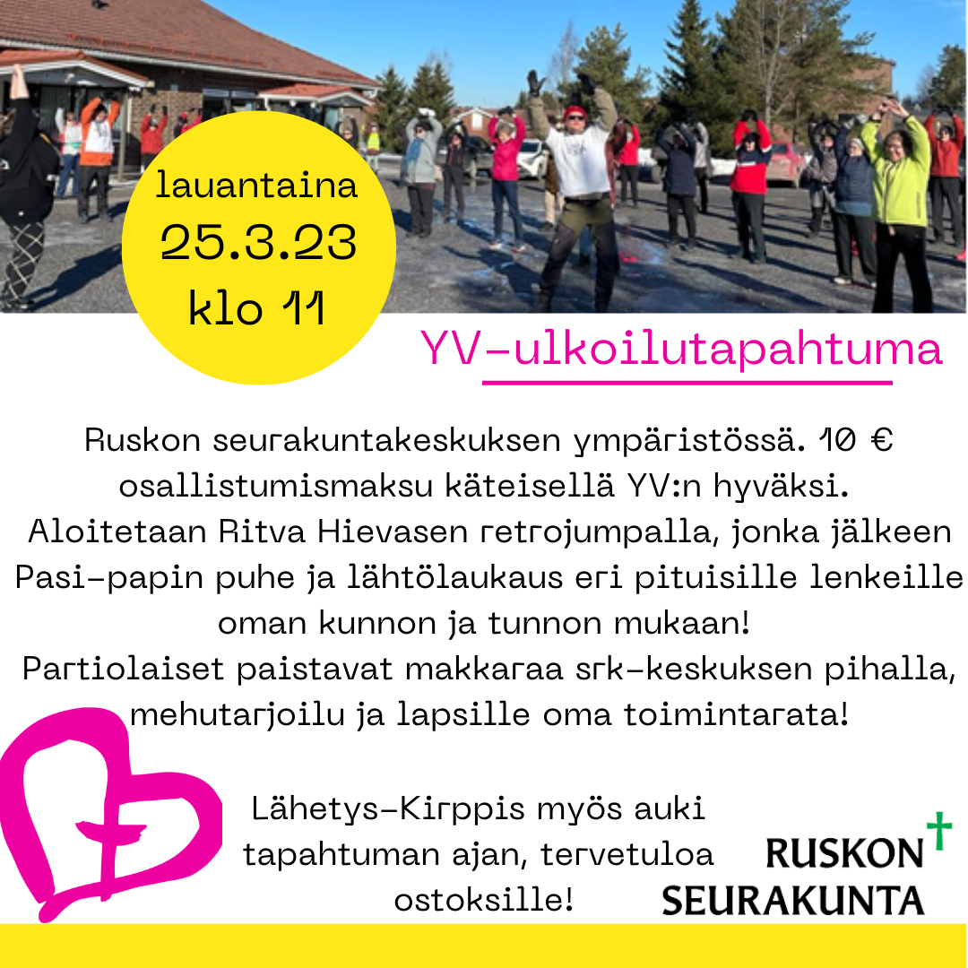 Tapahtuman tekstimainos, jossa aikaisemman vuoden kuva retrojumppaajista