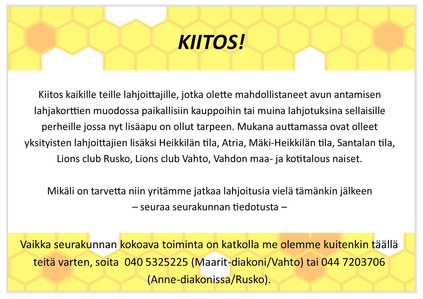 Teksi kiitos lahjoittajille